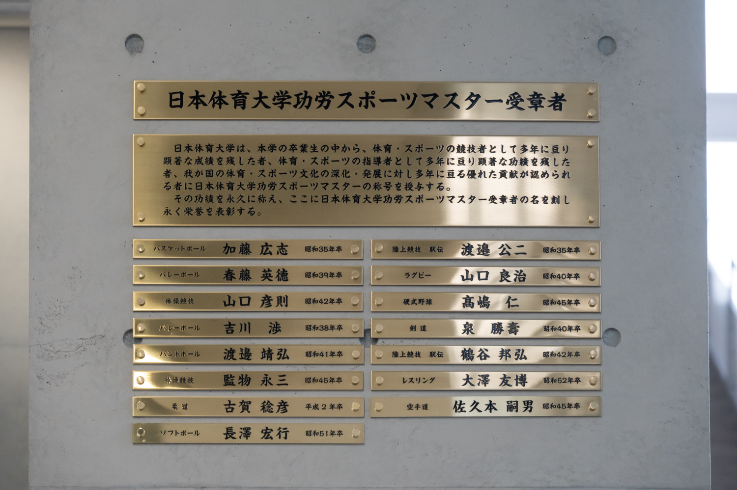 日本体育大学功労スポーツマスター受賞者の刻銘