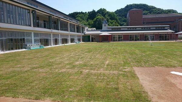 中央には緑の芝生が広がっていて、奥には横長の茶色い建物、左横には白い建物が立っている写真
