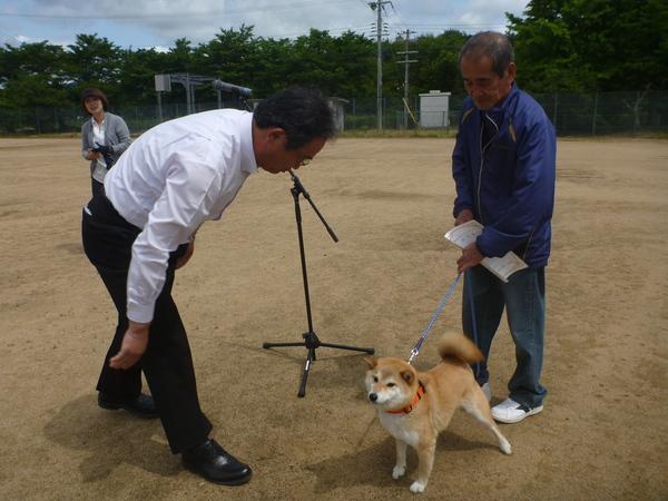 表彰状を持った男性が連れている犬を副市長が上からのぞいて見ている写真