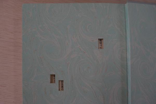 本の表紙が切り取られていて、中に書かれてある文字が見えるようになっている作品の写真