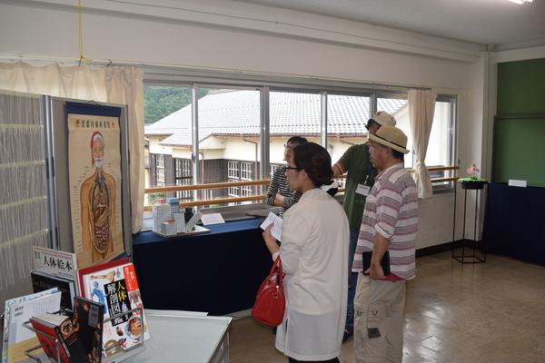 人体の解剖図が描かれた絵が壁に飾られていて、4人の人達が見ている写真