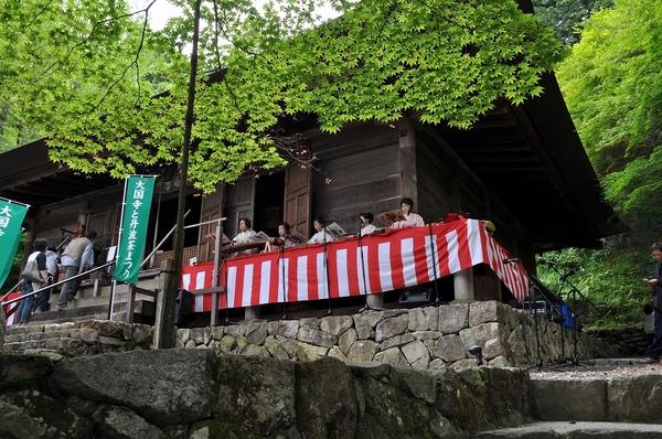 紅白幕が張られた大国寺の軒下でお琴のような楽器を弾いている5名の方と大国寺を訪れた人々が写っている写真