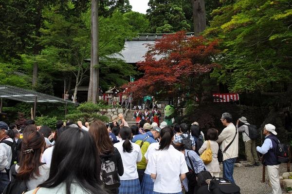 木々に囲まれた大国寺の石段に茶娘の衣装を着た3名の女性が立っており、周囲の方が携帯で写真を撮っている写真
