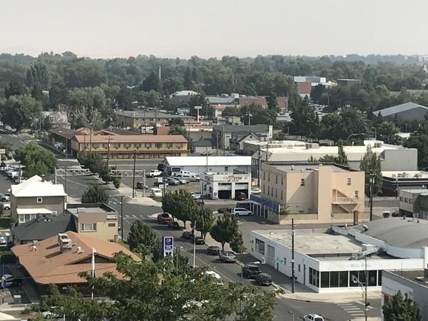 住宅の周りが緑で囲まれているワラワラ市内の様子を上空から写した写真