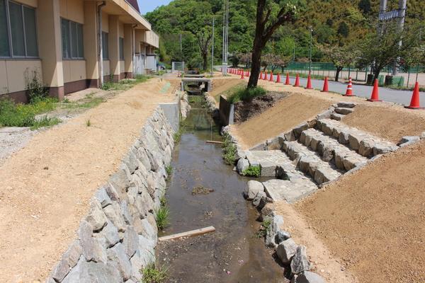 生き物が住める川にしようと城東グラウンド西側のコンクリート三面張り河川を改良工事した写真
