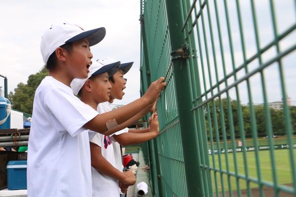 野球少年達が応援席から声援を送っている写真
