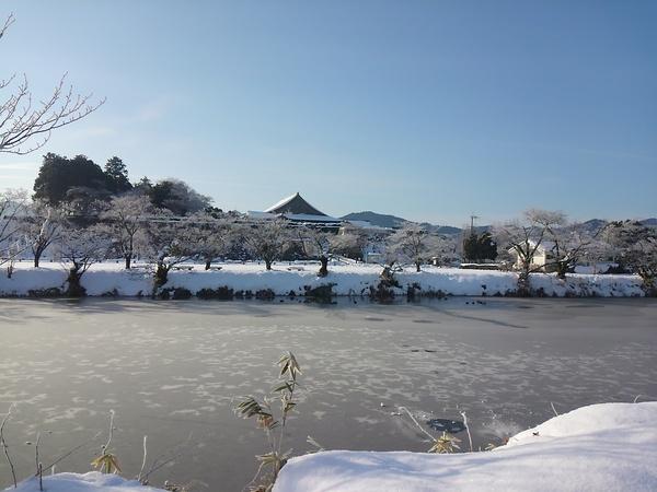 お堀の水が凍っていて、あたり一面雪景色で、屋根の上にも雪が積もっている写真