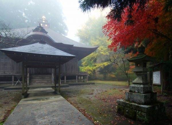 建物の右にある灯篭に赤く染まったモミジがおおいかぶさっつている様子の写真