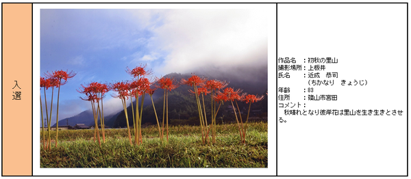 入選受賞作品「初秋の里山」詳細の表組