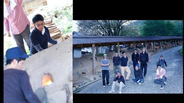 左側は窯で男性が作業をしている写真、右側は窯の前で9名の男性が集まっている写真
