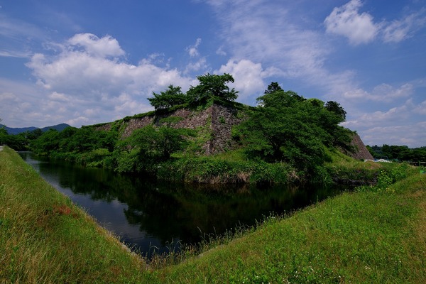 青空の下、堀のまわりから城跡を眺めた写真
