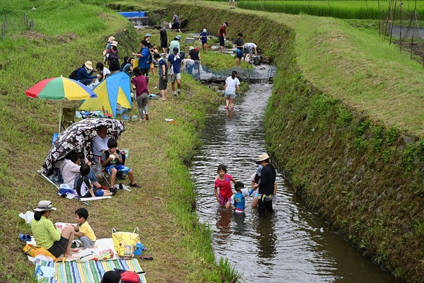川沿いでシートやテントをはってくつろいでいる家族や川に入って遊ぶ親子の様子を撮った写真