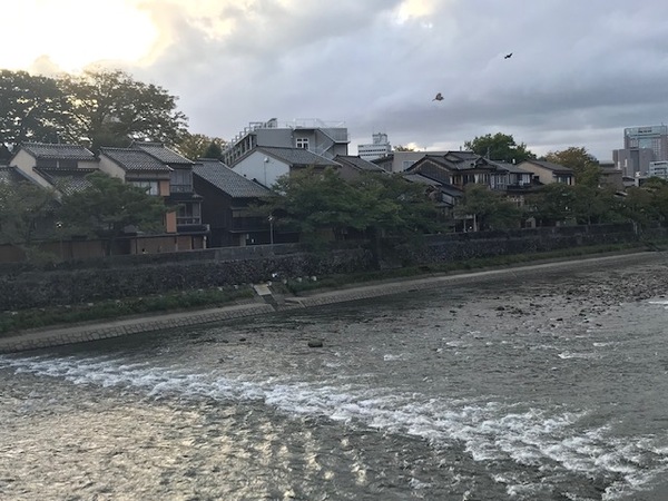 金沢にて、川と背景には建物が立ち並んでいる写真