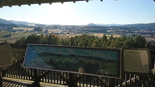 高さがある建物が少なく田園風景とその背後の山並みが一望できる岩村盆地の写真