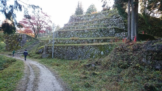 紅葉や木々が植わり、六段積み重なる城跡をしたから眺めている写真