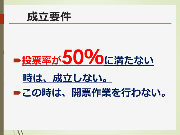 投票率が五十パーセントに満たないときは、成立しない。この時は開票作業を行わない。