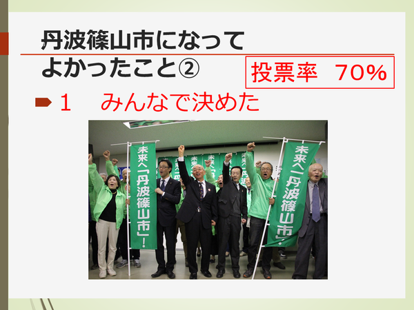 投票率七十パーセントで丹波篠山市に決まったという文字の背景に、こぶしをあげる市長、複数の緑色のジャンパーを着た男性女性