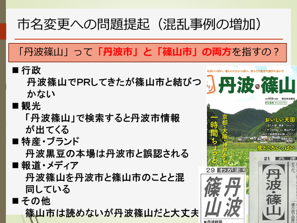 丹波篠山市と市名変更時、問題提起と事例紹介の文章と写真