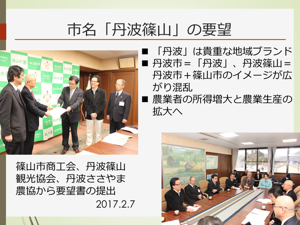 市名を丹波篠山市とする要望が書かれた文章