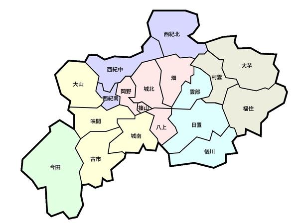 丹羽篠山市の各地域を色分けして表示している地図のイラスト