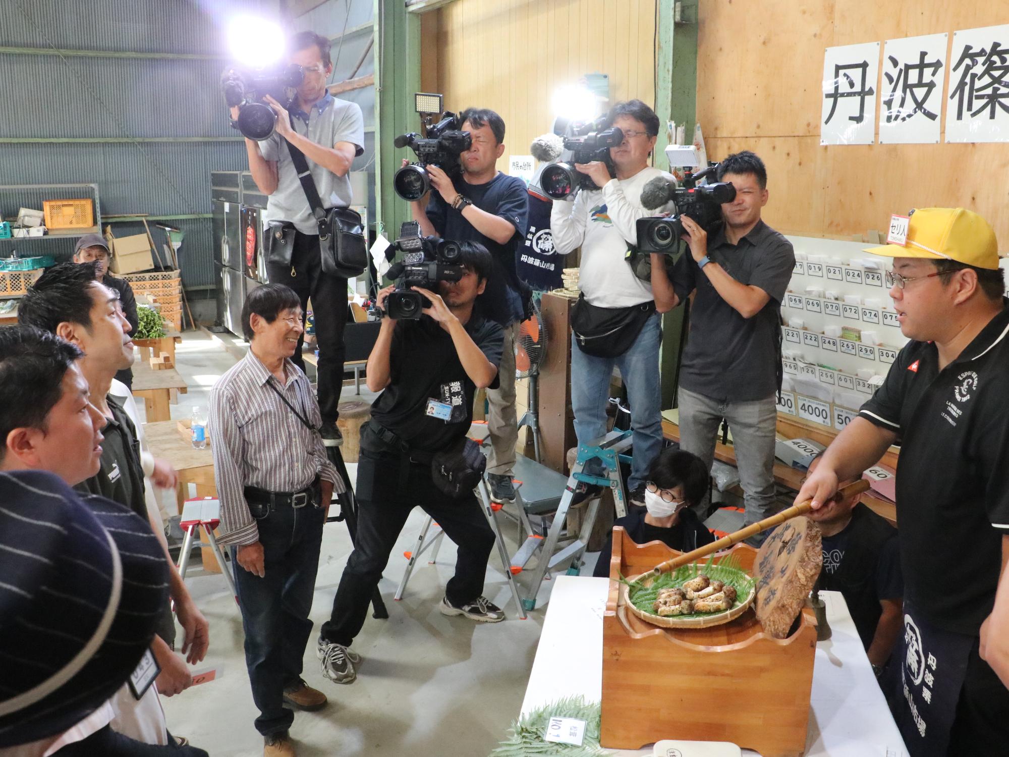 マツタケ初競りの様子