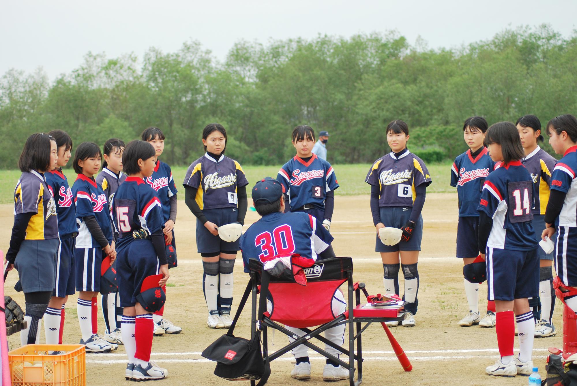 ソフトボールの試合で、選手が監督から指示を受けている