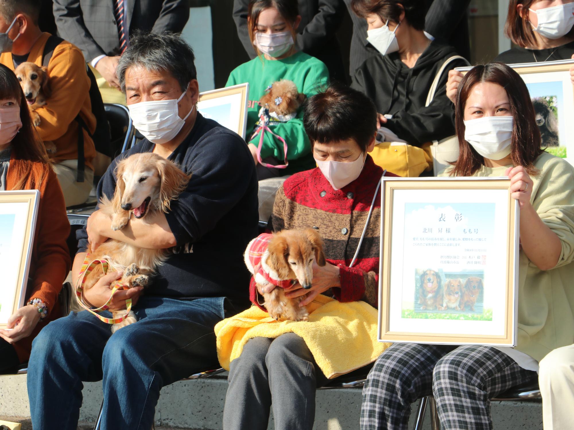 飼い主が犬を抱っこして座っている