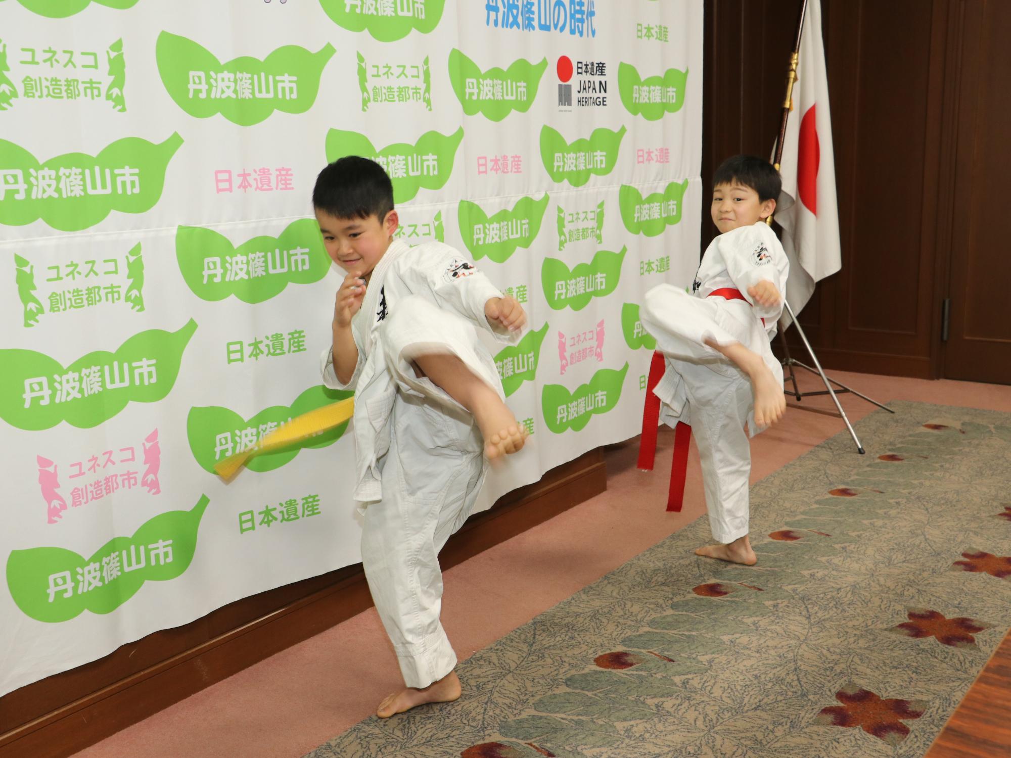 男の子二人が道着を着て空手の形をしている