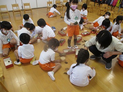 どんぐり遊びをする園児