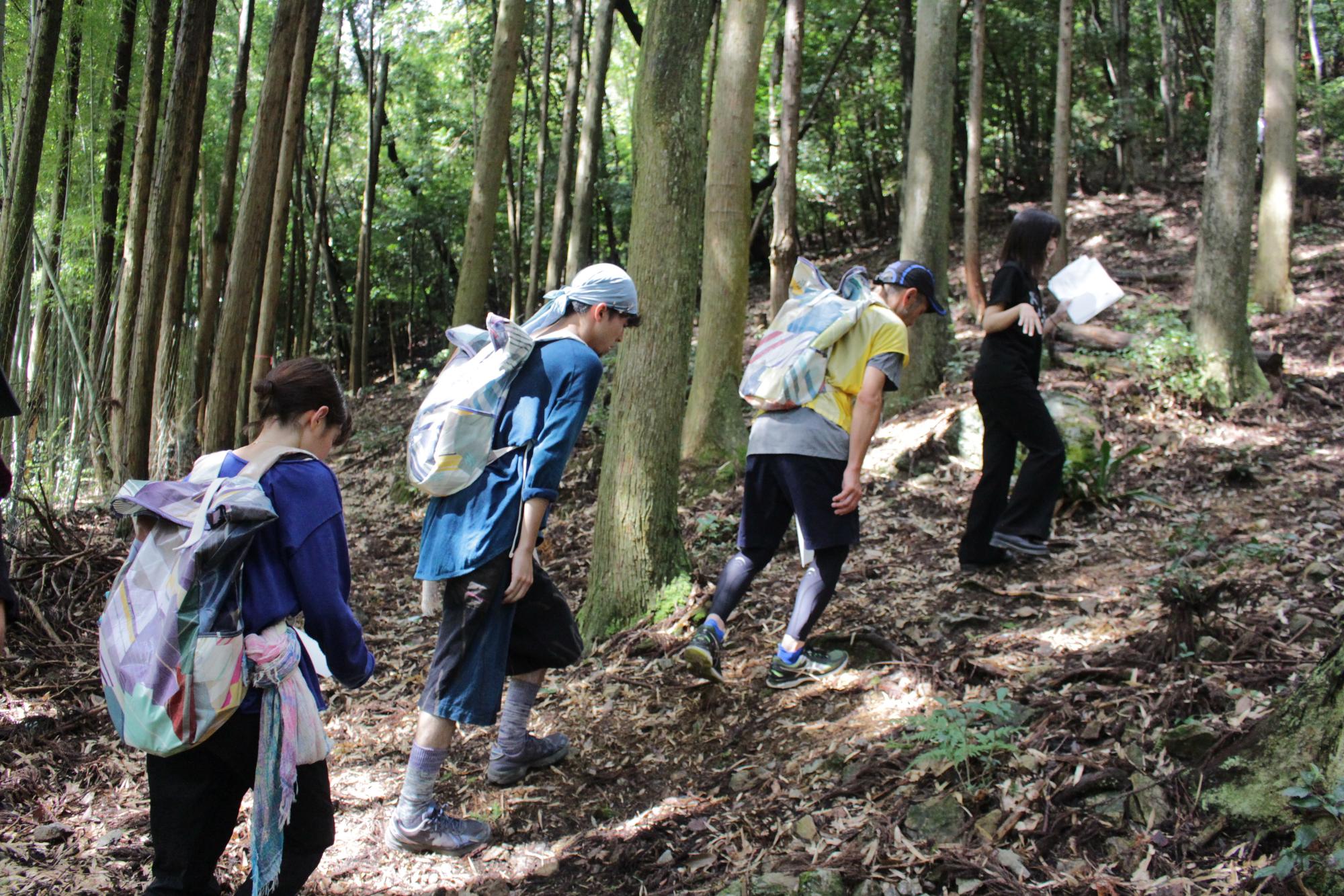大学生に森の説明を受けるランナー