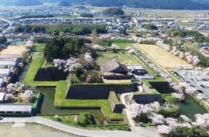お堀に囲まれた木々のあふれる篠山城跡の写真
