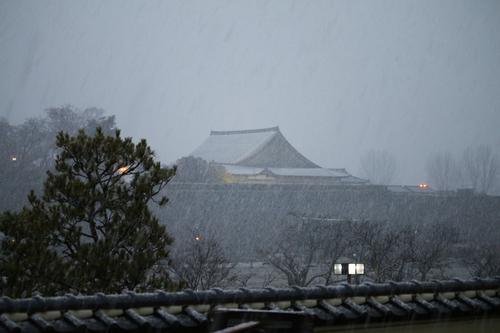 雪が降りしきる中屋根が真っ白に雪化粧をした大書院の写真