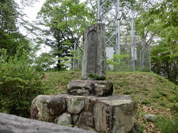 王地山公園の緑の草木の中に立つ3段組みのデカンショ節発祥の石碑の写真