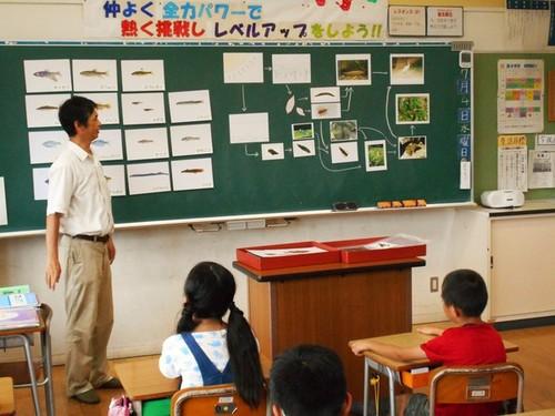 黒板に様々な生物のイラストが貼られ、それぞれがどのように影響しあっているのかを説明する田井先生と説明を熱心に聞く生徒の皆さんの写真