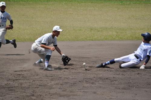 一塁側ベンチ方向から撮影した2塁ベース前に滑り込む1塁走者と構えている2塁手の間に送球されたボールがある写真