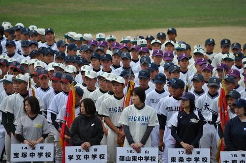 開会式で所属中学校名のプラカードを持つ生徒を先頭に整列する、色々な中学校の選手たちの写真