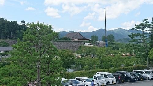 駐車場近辺から遠目に見えるヤグラの屋根の写真