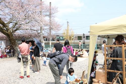 大きな桜の木と丹波大山駅前のにぎわっている写真