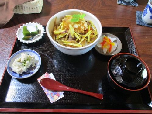 篠山産の色とりどりの野菜とお肉の入った力もちの権八丼の定食の写真