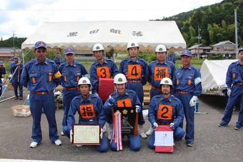 優勝盾と賞状を掲げて写真に写る第14分団の消防団員の皆さんの写真