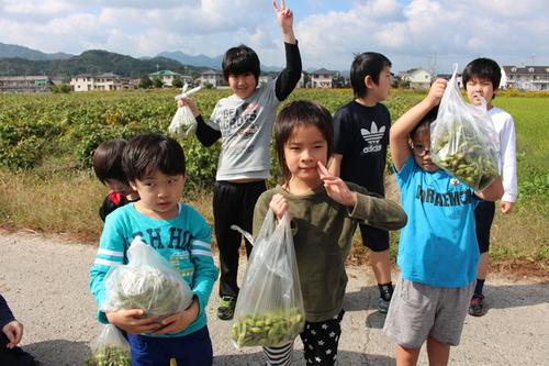 畑の前で自分たちで収穫した豆の袋を見せる7人の子供たちの写真