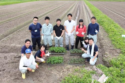 篠山市役所の職員が黒枝豆の苗の前でピースをして記念撮影している写真