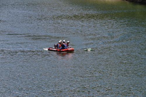 ダム湖に浮かべた人形へボートで近づく消防官らの写真