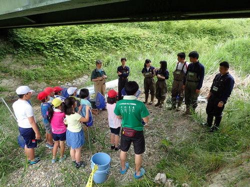 橋の下で講師を務める篠山東雲高校の田井先生と同行2年生の生徒の皆さんの話を、網を持ちながら聞く城東小学校の4年生の皆さんの写真