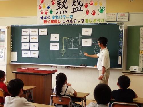 西紀南小学校の教室で水辺の生き物の暮らしについて説明を行う田井彰人先生の写真