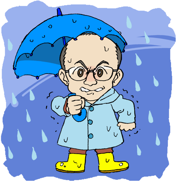 雨の中、青い傘を差し水色のカッパに黄色の雨靴を履いた市長のイラスト