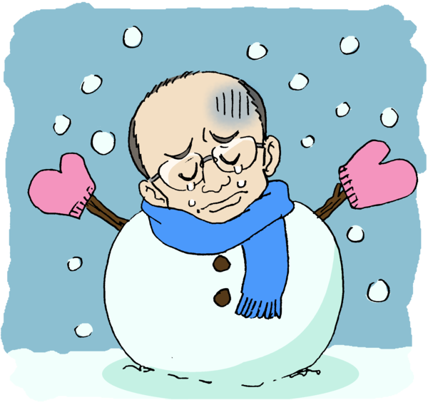 雪が降る中枝の手にピンクの手袋ブルーのマフラーを首に巻いて雪だるまのような姿になった涙を流した悲しそうな市長のイラスト