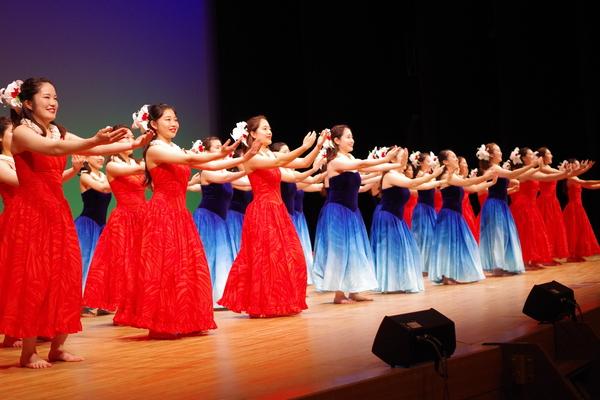 ホールの舞台で髪飾りを付け赤色や青色の衣装を着た女性らがフラダンスを踊っている写真