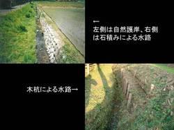 左上は自然護岸、右側は石積みによる水路の写真と右下は木杭による水路の写真