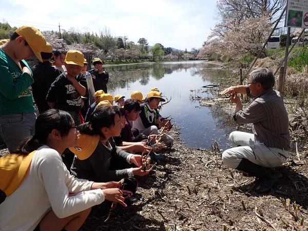 篠山城跡のお堀の横にあつまり、男性の話を聞く小学生の写真
